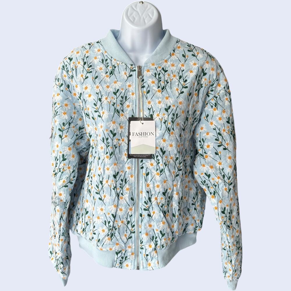 L Cottagecore Daisy Bomber Jacket Light Blue Embroidered Floral Y2K
